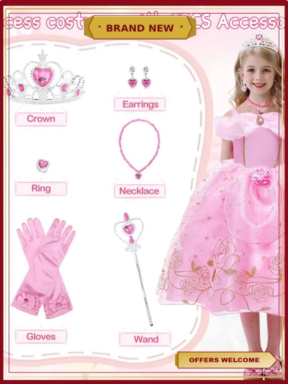 Girls Pink Princess Costume Dress Up with Accessories Halloween Party
